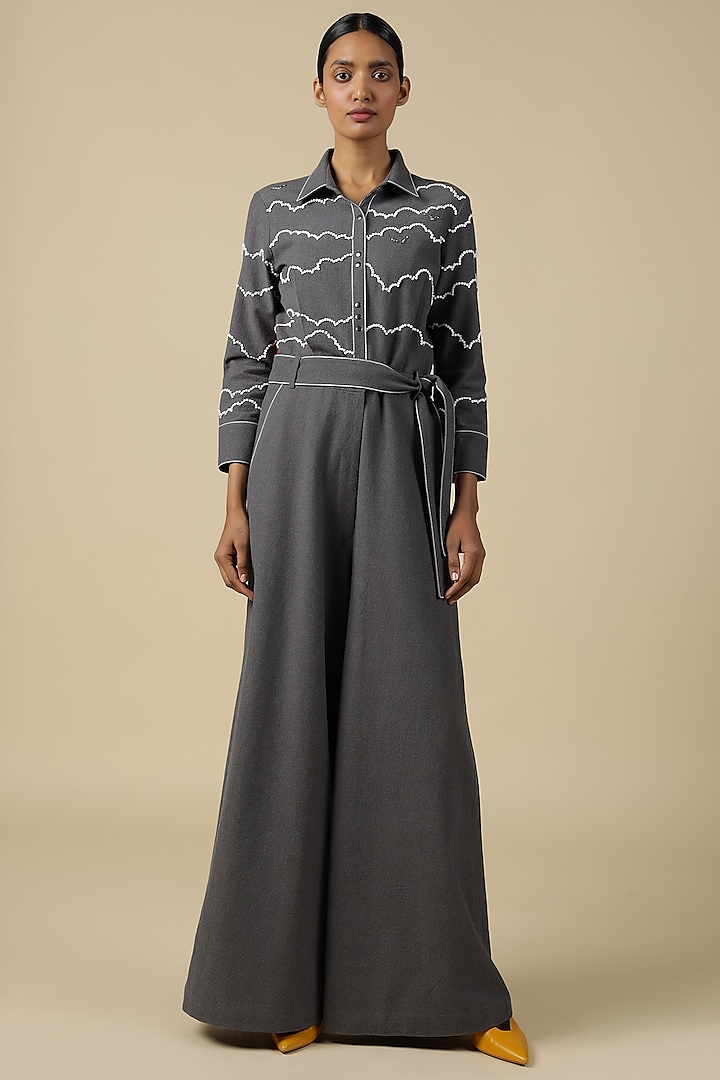 Grey Melange Embroidered Jumpsuit With Belt by Shahin Mannan at Pernia's Pop Up Shop