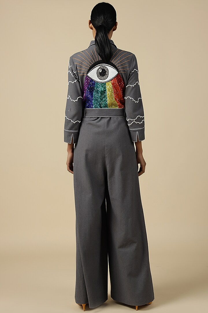 Grey Melange Embroidered Jumpsuit With Belt by Shahin Mannan at Pernia's Pop Up Shop