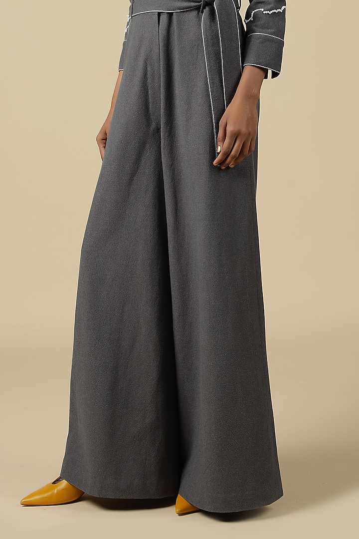 Grey Melange Embroidered Jumpsuit With Belt by Shahin Mannan at Pernia's Pop Up Shop