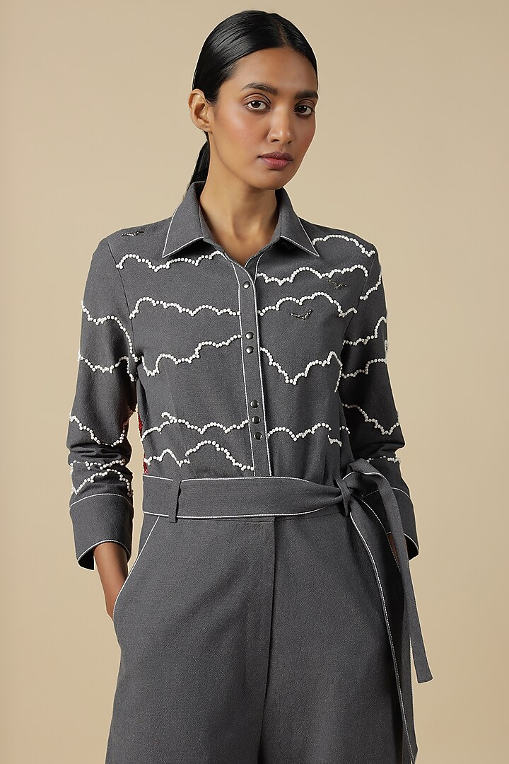 Grey Melange Embroidered Jumpsuit With Belt by Shahin Mannan at Pernia's Pop Up Shop