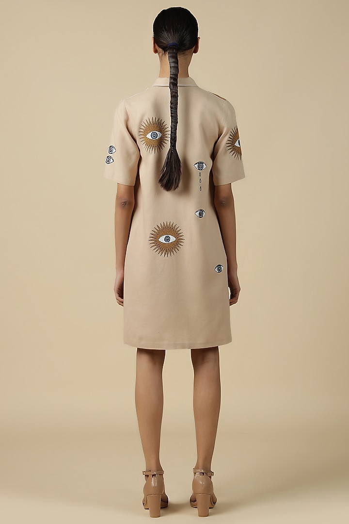 Beige Linen Embroidered Cocktail Dress by Shahin Mannan at Pernia's Pop Up Shop