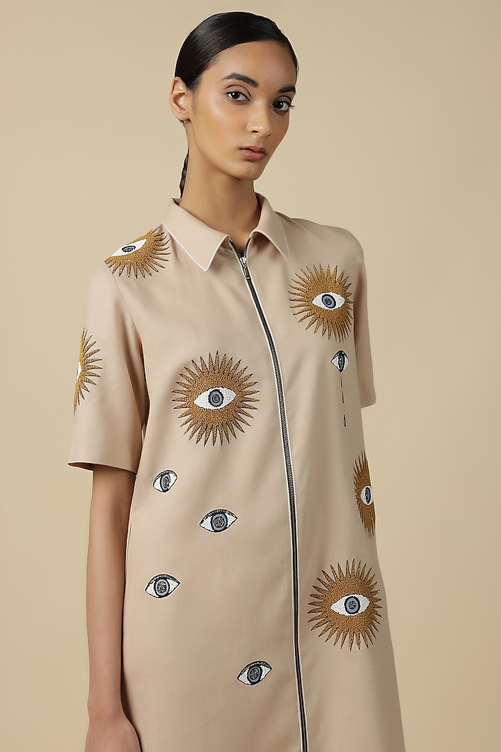 Beige Linen Embroidered Cocktail Dress by Shahin Mannan at Pernia's Pop Up Shop