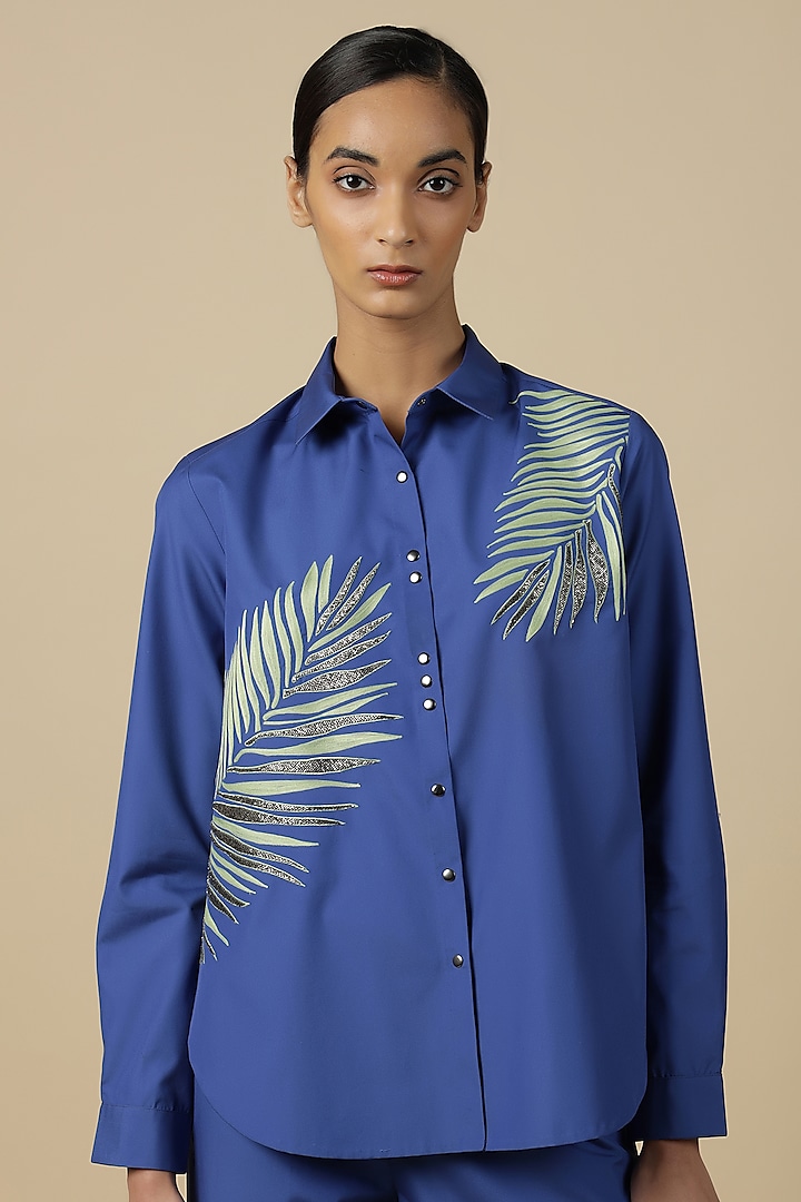 Electric Blue Poplin Embroidered Shirt by Shahin Mannan at Pernia's Pop Up Shop