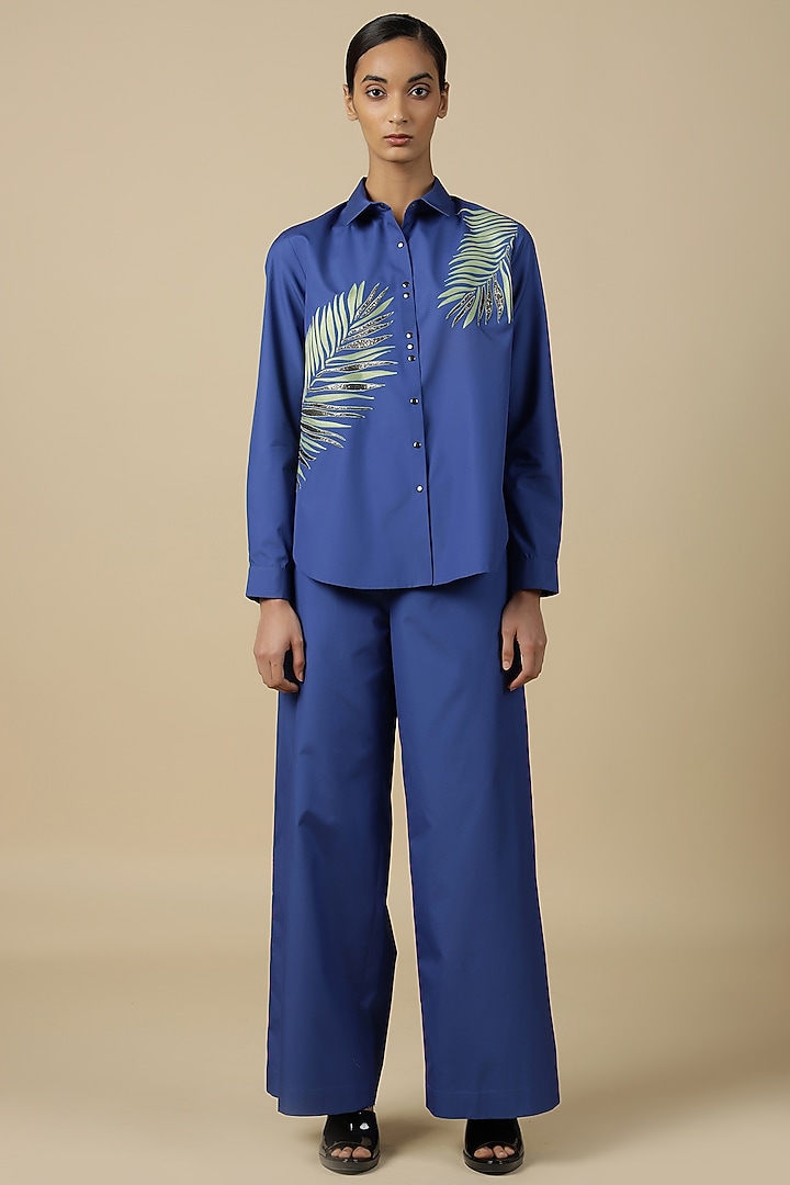 Electric Blue Poplin Embroidered Shirt by Shahin Mannan at Pernia's Pop Up Shop
