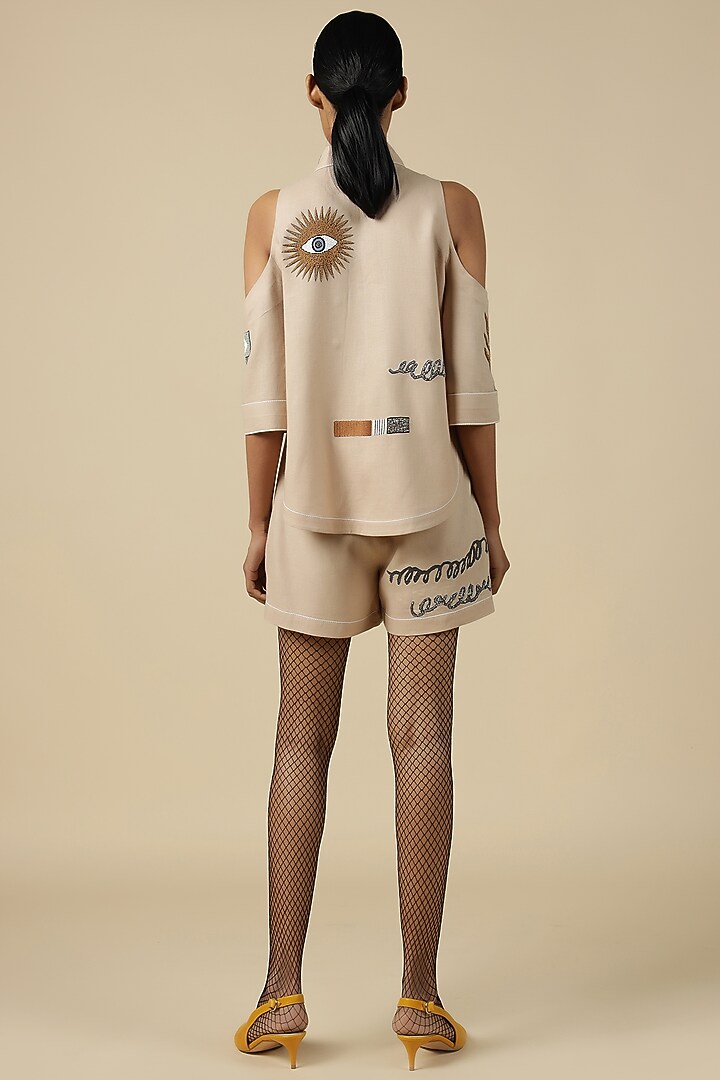 Beige Linen Embroidered Co-Ord Set by Shahin Mannan at Pernia's Pop Up Shop