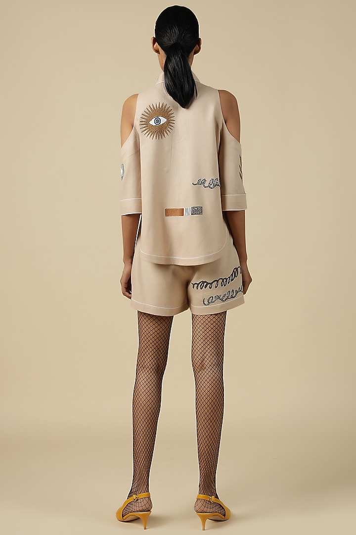 Beige Linen Embroidered Shirt by Shahin Mannan at Pernia's Pop Up Shop