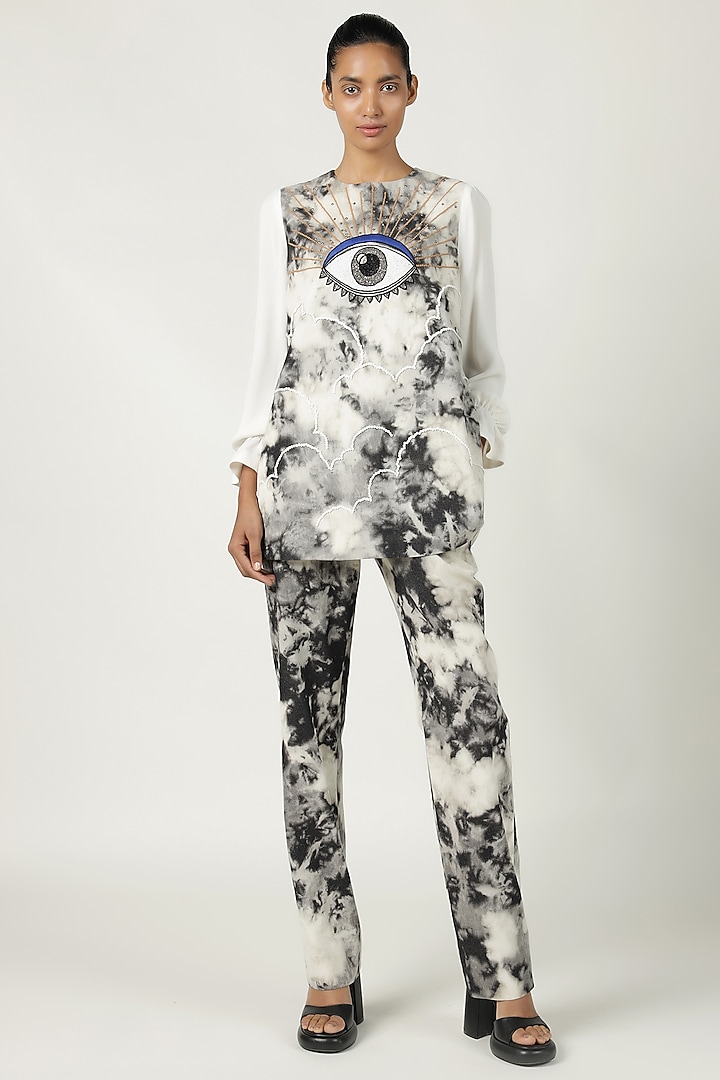 Grey Thin Denim & Crepe Embroidered Top by Shahin Mannan at Pernia's Pop Up Shop