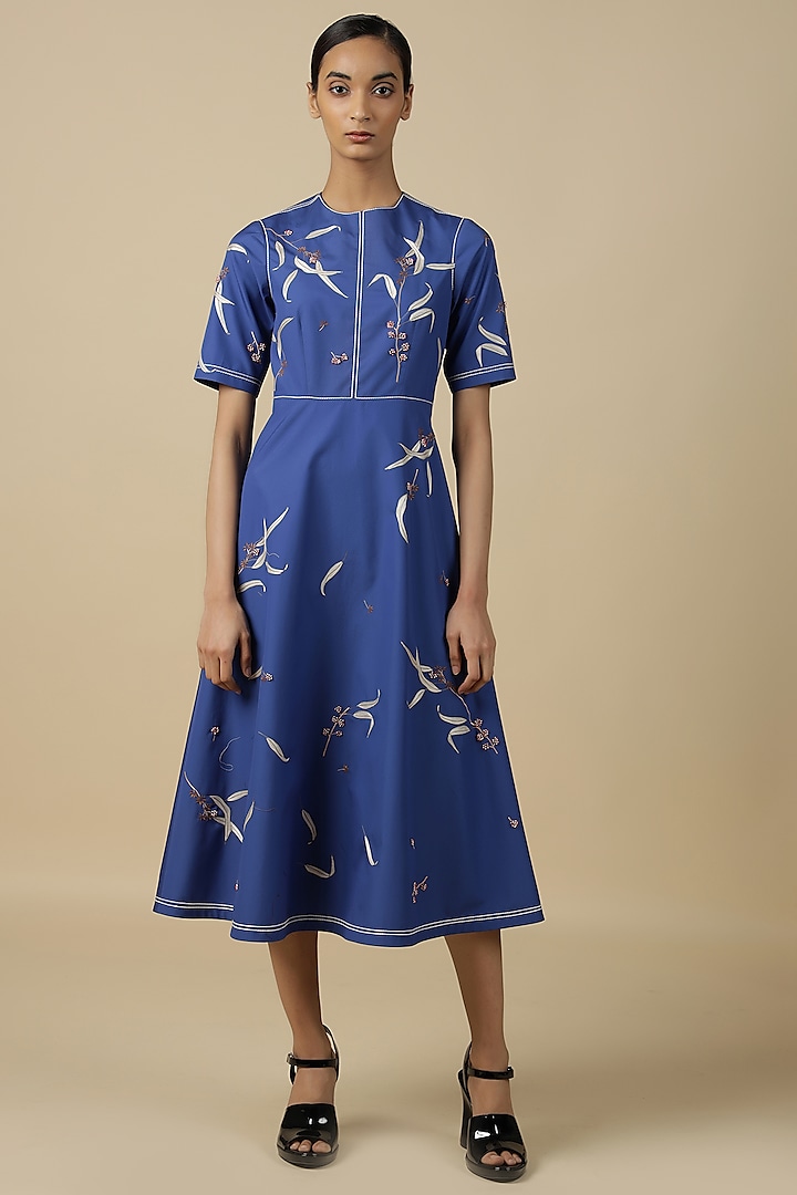 Electric Blue Poplin Embroidered Midi Dress by Shahin Mannan