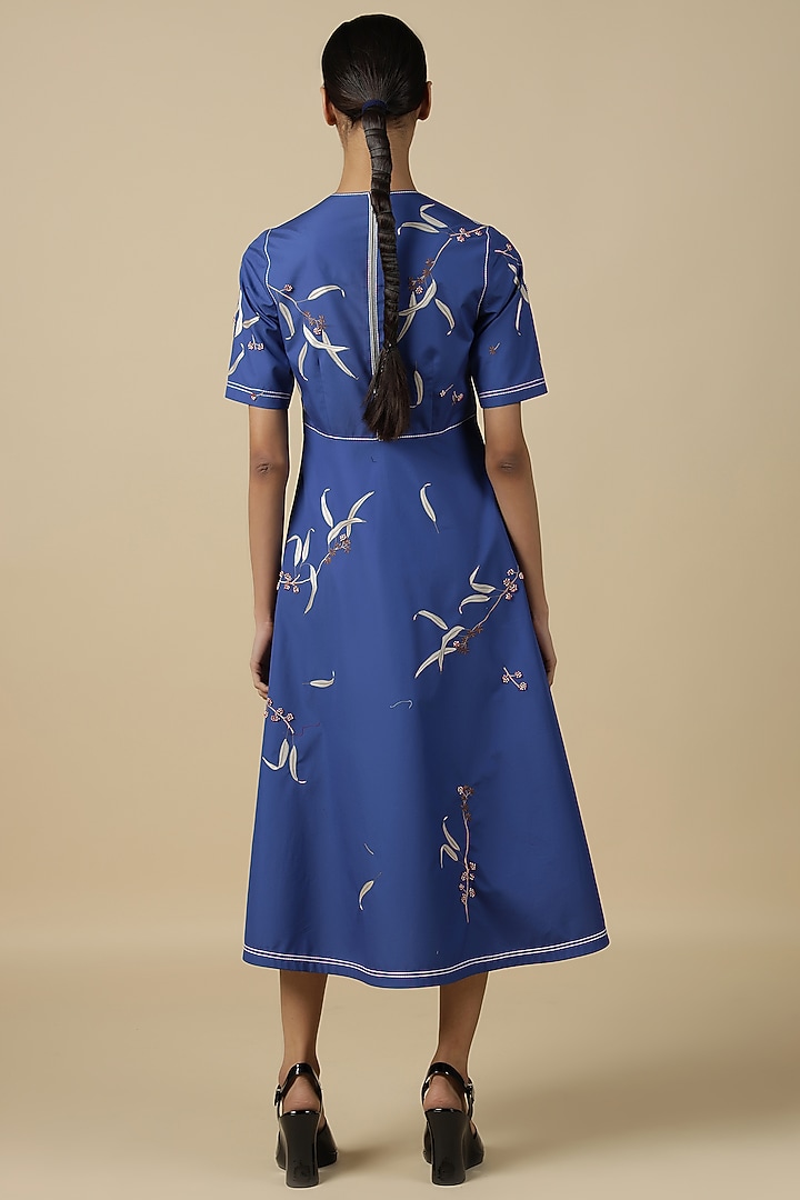 Electric Blue Poplin Embroidered Midi Cocktail Dress by Shahin Mannan at Pernia's Pop Up Shop