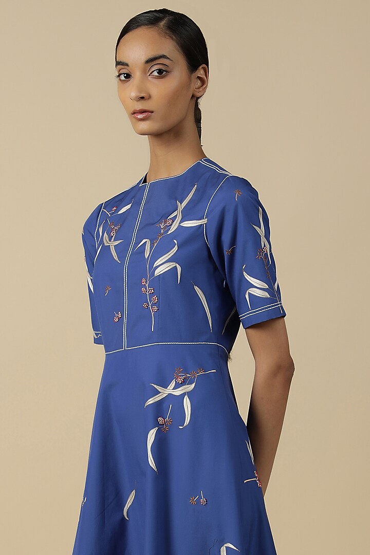 Electric Blue Poplin Embroidered Midi Cocktail Dress by Shahin Mannan at Pernia's Pop Up Shop
