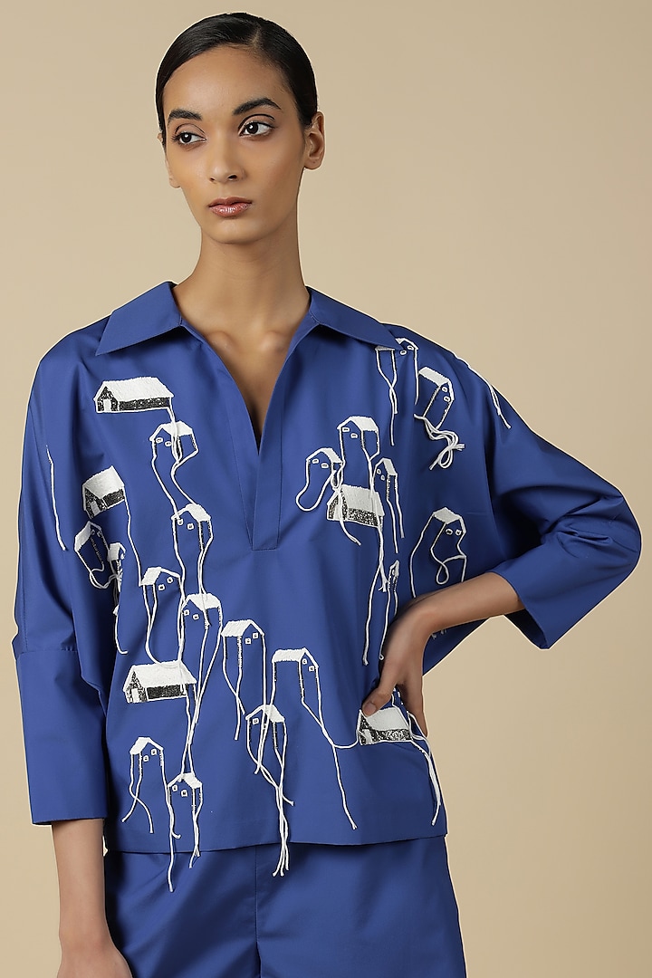 Electric Blue Chanderi Embroidered Top by Shahin Mannan at Pernia's Pop Up Shop