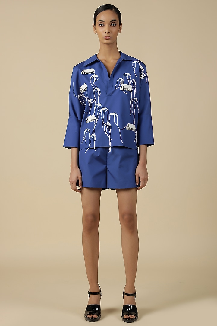 Electric Blue Chanderi Embroidered Top by Shahin Mannan at Pernia's Pop Up Shop