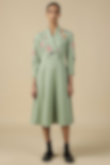Pista Green Double Crepe Embroidered Midi Dress by Shahin Mannan