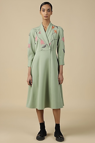 Pista Green Double Crepe Embroidered Midi Dress by Shahin Mannan