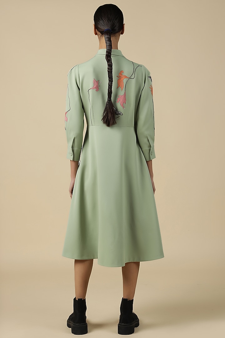 Pista Green Double Crepe Embroidered Midi Cocktail Dress by Shahin Mannan at Pernia's Pop Up Shop