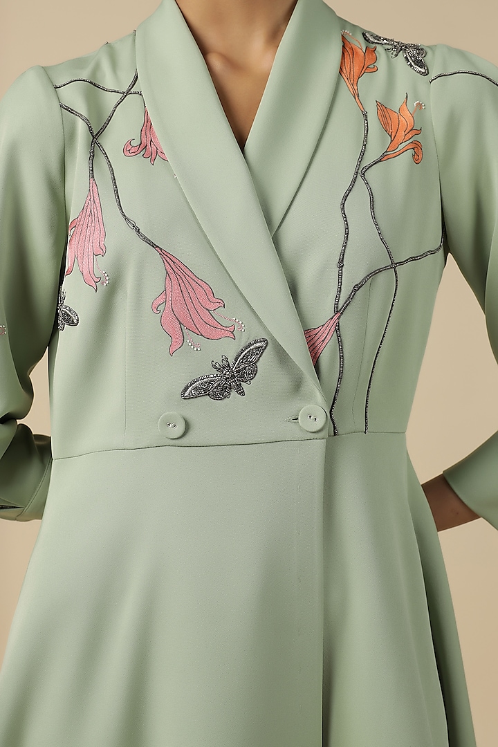 Pista Green Double Crepe Embroidered Midi Cocktail Dress by Shahin Mannan at Pernia's Pop Up Shop