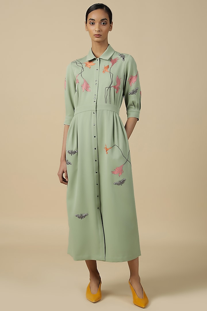 Pista Green Double Crepe Embroidered Dress by Shahin Mannan