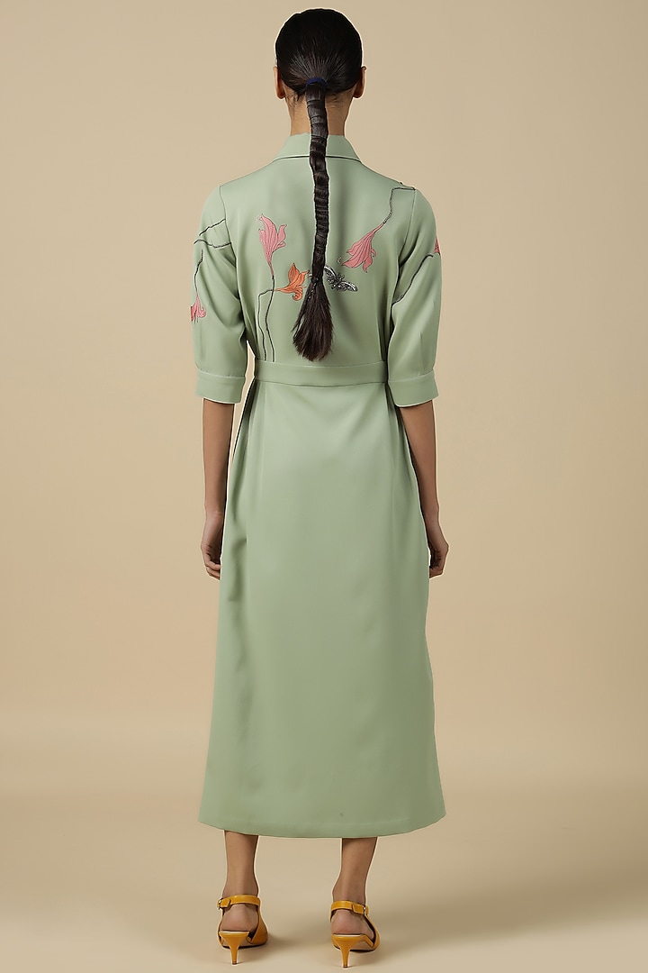 Pista Green Double Crepe Embroidered Cocktail Dress by Shahin Mannan at Pernia's Pop Up Shop
