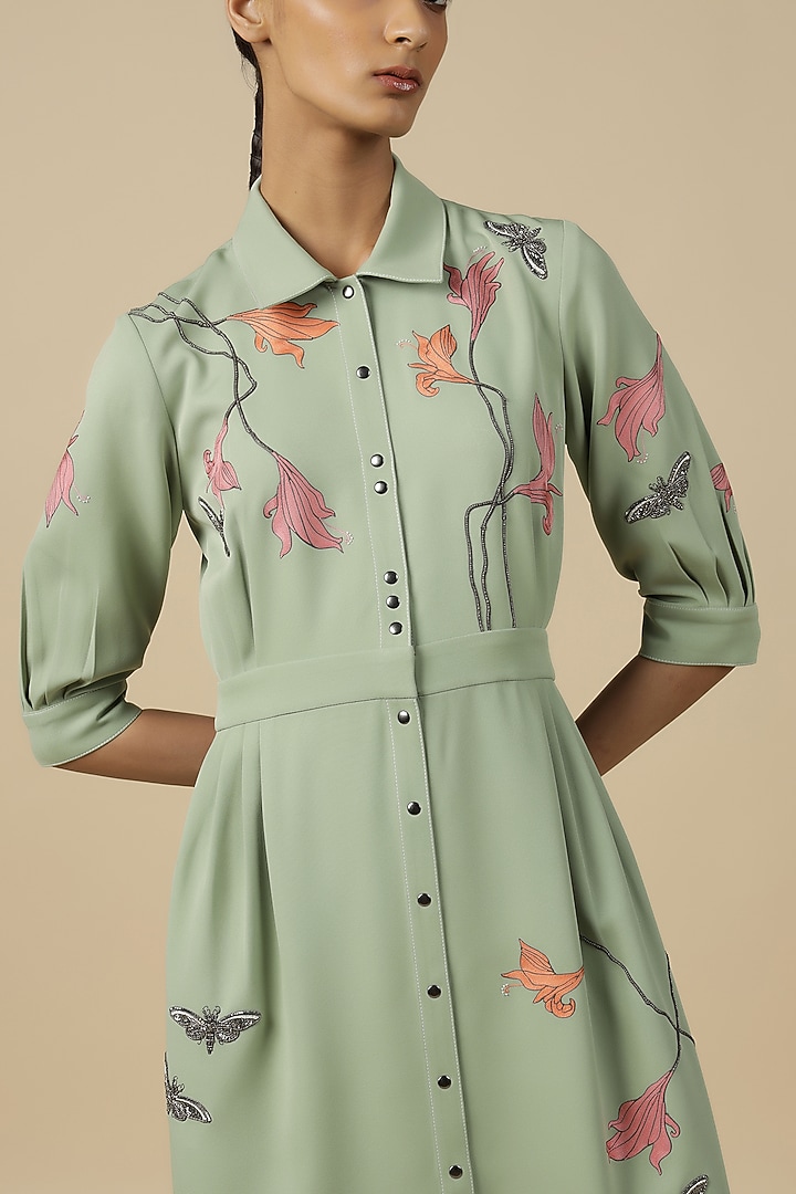 Pista Green Double Crepe Embroidered Cocktail Dress by Shahin Mannan at Pernia's Pop Up Shop