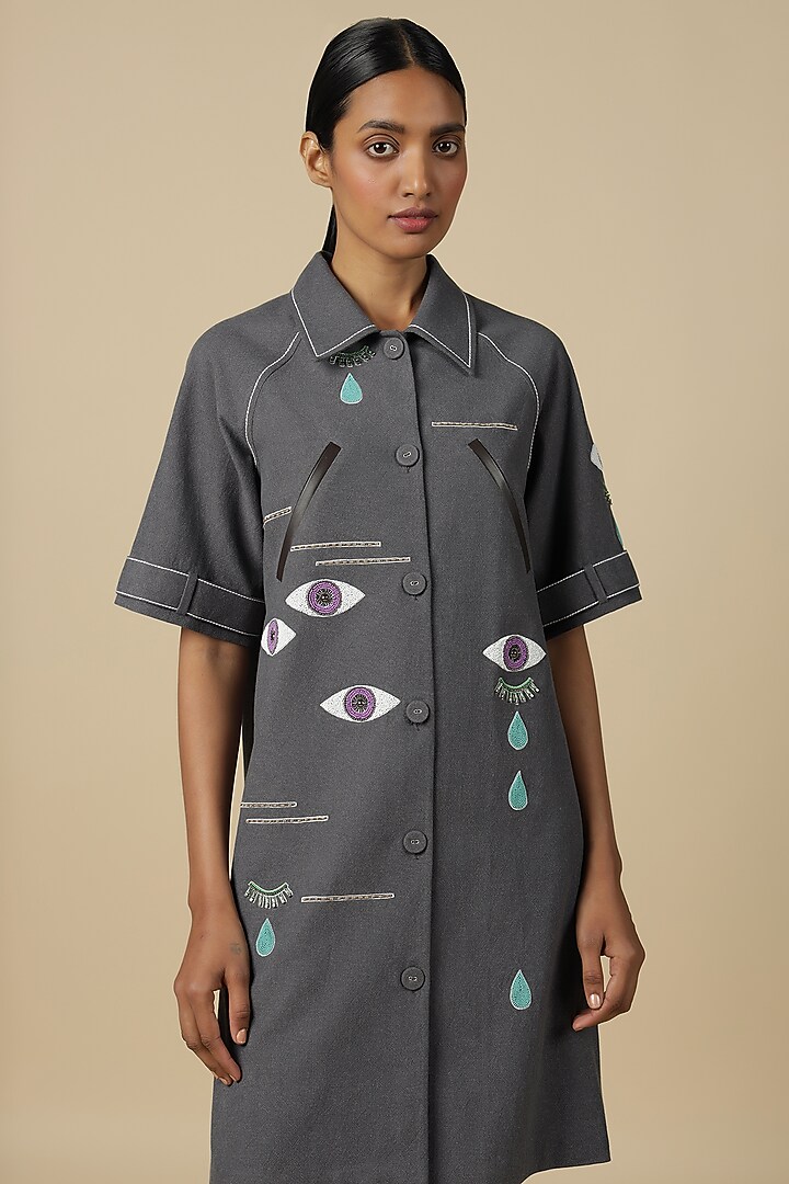 Grey Melange Hand Embroidered Cocktail Dress by Shahin Mannan at Pernia's Pop Up Shop