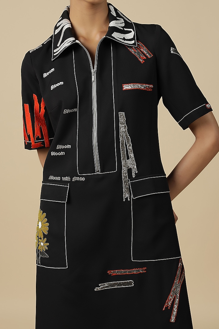 Black Double Crepe Embroidered Vacation Dress by Shahin Mannan at Pernia's Pop Up Shop