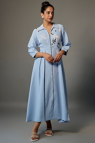 Blue Double Crepe Embroidered Dress by Shahin Mannan