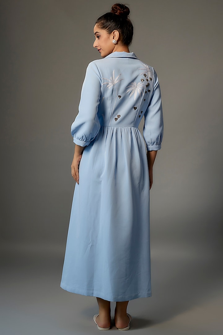 Blue Double Crepe Embroidered Cocktail Dress by Shahin Mannan at Pernia's Pop Up Shop