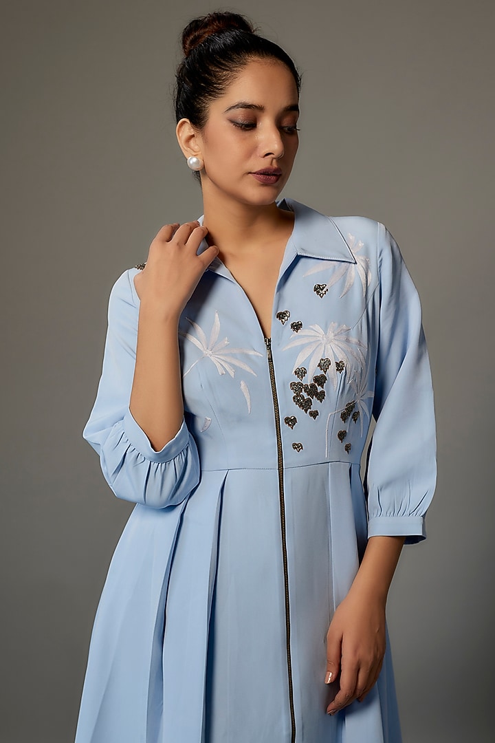 Blue Double Crepe Embroidered Cocktail Dress by Shahin Mannan at Pernia's Pop Up Shop