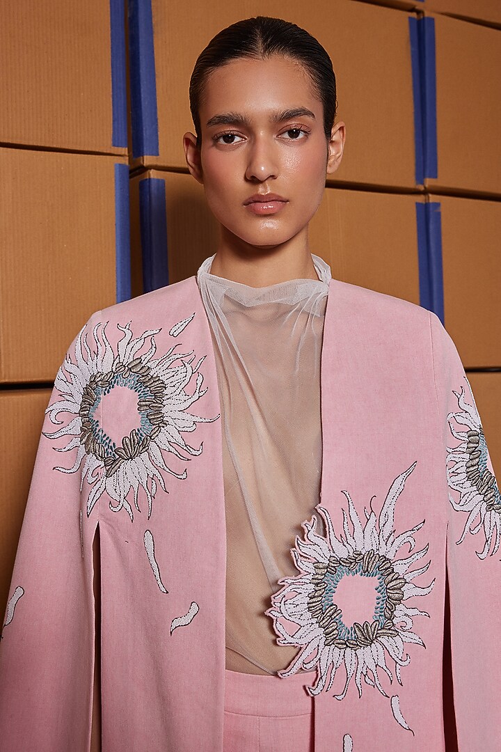 Flamingo Pink Twill Denim Cape Set by Shahin Mannan at Pernia's Pop Up Shop