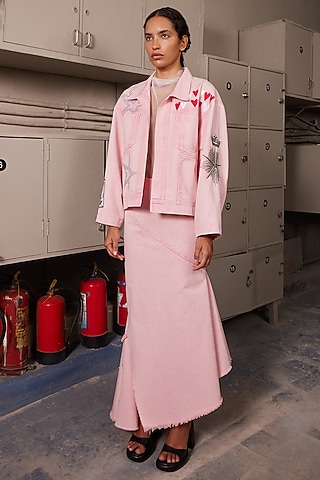 Flamingo Pink Twill Denim Asymmetric Skirt Set by Shahin Mannan
