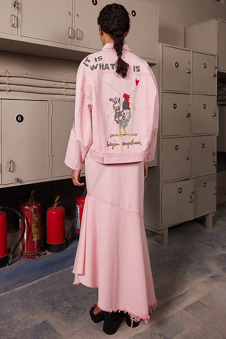 Flamingo Pink Twill Denim Asymmetric Skirt Set by Shahin Mannan at Pernia's Pop Up Shop