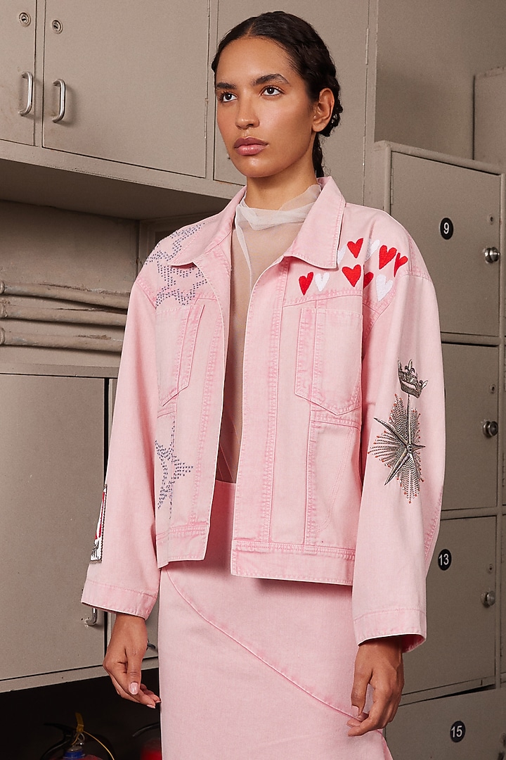 Flamingo Pink Twill Denim Asymmetric Skirt Set by Shahin Mannan at Pernia's Pop Up Shop