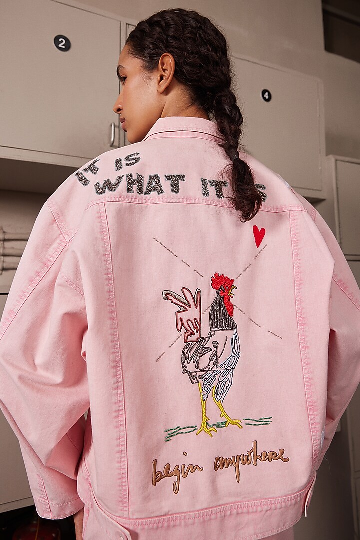 Flamingo Pink Twill Denim Asymmetric Skirt Set by Shahin Mannan at Pernia's Pop Up Shop