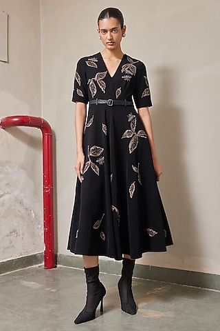 Black Japanese Crepe Circular Dress by Shahin Mannan
