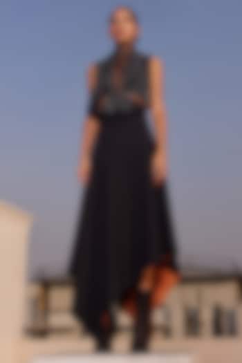 Black Scuba Crepe Asymmetrical Skirt Set by Shahin Mannan at Pernia's Pop Up Shop