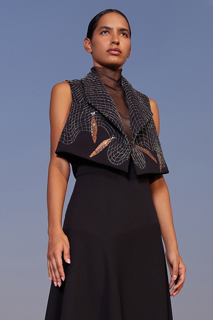 Black Scuba Crepe Asymmetrical Skirt Set by Shahin Mannan at Pernia's Pop Up Shop