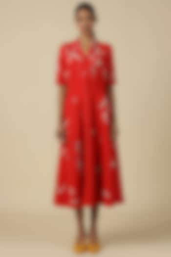 Red Double Crepe Embroidered Dress by Shahin Mannan at Pernia's Pop Up Shop