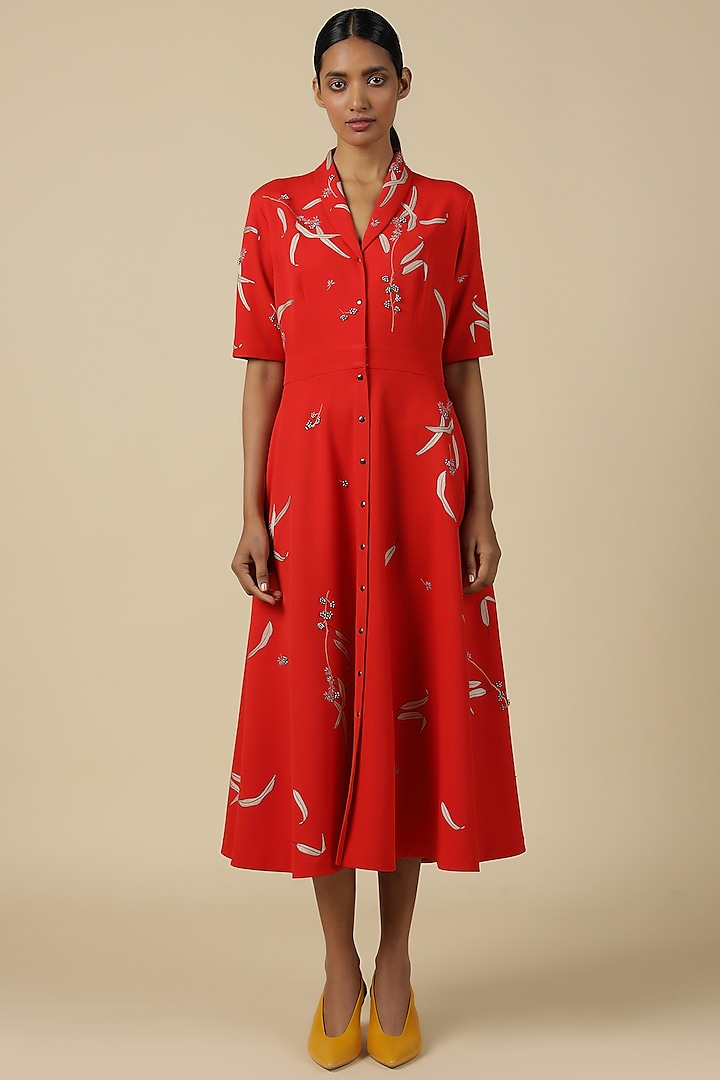 Red Double Crepe Embroidered Dress by Shahin Mannan at Pernia's Pop Up Shop