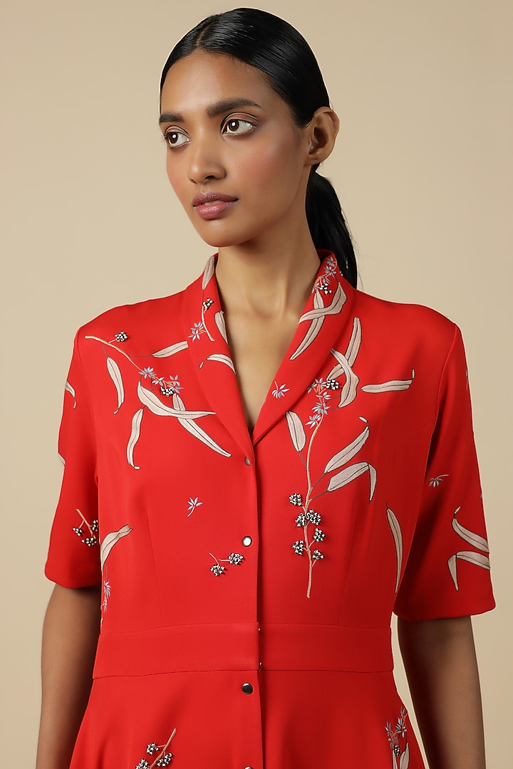 Red Double Crepe Embroidered Cocktail Dress by Shahin Mannan at Pernia's Pop Up Shop