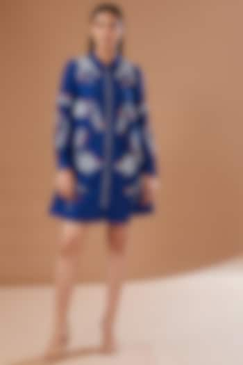 Electric Blue Chanderi Embroidered Mini Dress by Shahin Mannan at Pernia's Pop Up Shop