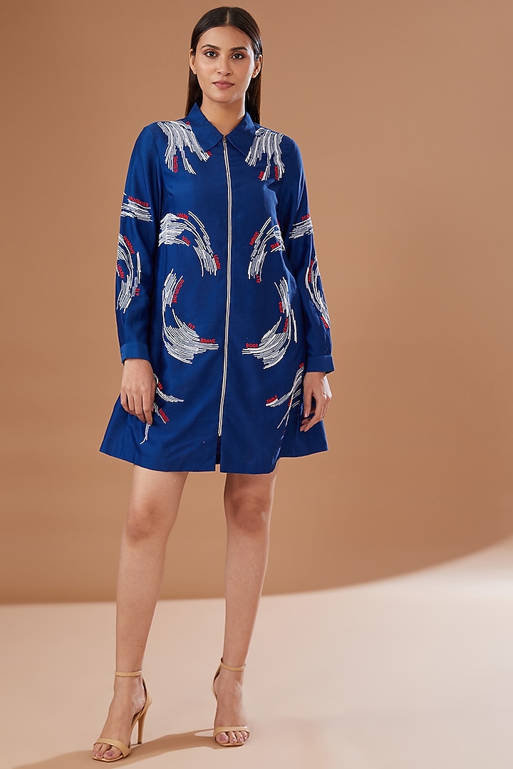 Electric Blue Chanderi Embroidered Mini Dress by Shahin Mannan at Pernia's Pop Up Shop