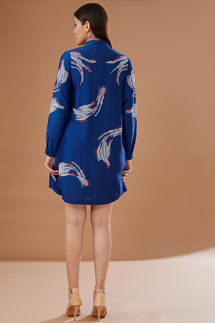 Electric Blue Chanderi Embroidered Mini Cocktail Dress by Shahin Mannan at Pernia's Pop Up Shop