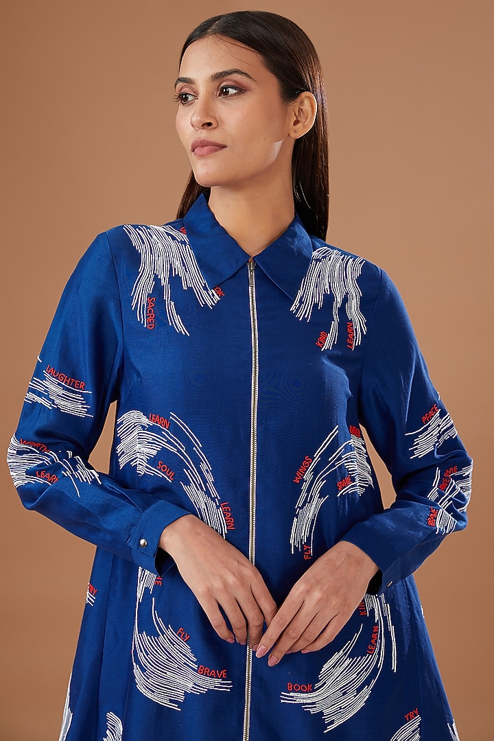 Electric Blue Chanderi Embroidered Mini Cocktail Dress by Shahin Mannan at Pernia's Pop Up Shop