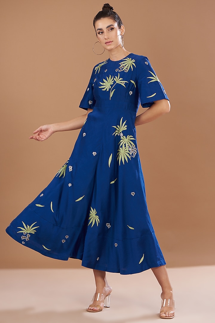 Blue Chanderi Silk Midi Dress by Shahin Mannan at Pernia's Pop Up Shop