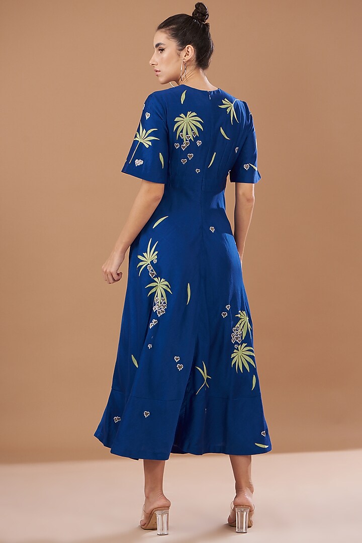 Blue Chanderi Silk Midi Cocktail Dress by Shahin Mannan at Pernia's Pop Up Shop