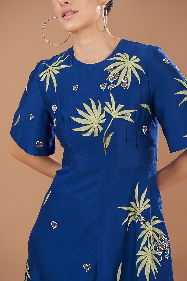 Blue Chanderi Silk Midi Cocktail Dress by Shahin Mannan at Pernia's Pop Up Shop