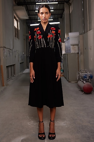 Black Japanese Crepe Wrap Dress by Shahin Mannan