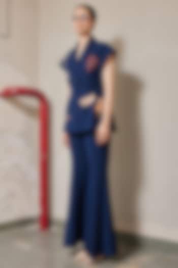 Navy Blue Japanese Crepe Bell-Bottom Pants by Shahin Mannan at Pernia's Pop Up Shop