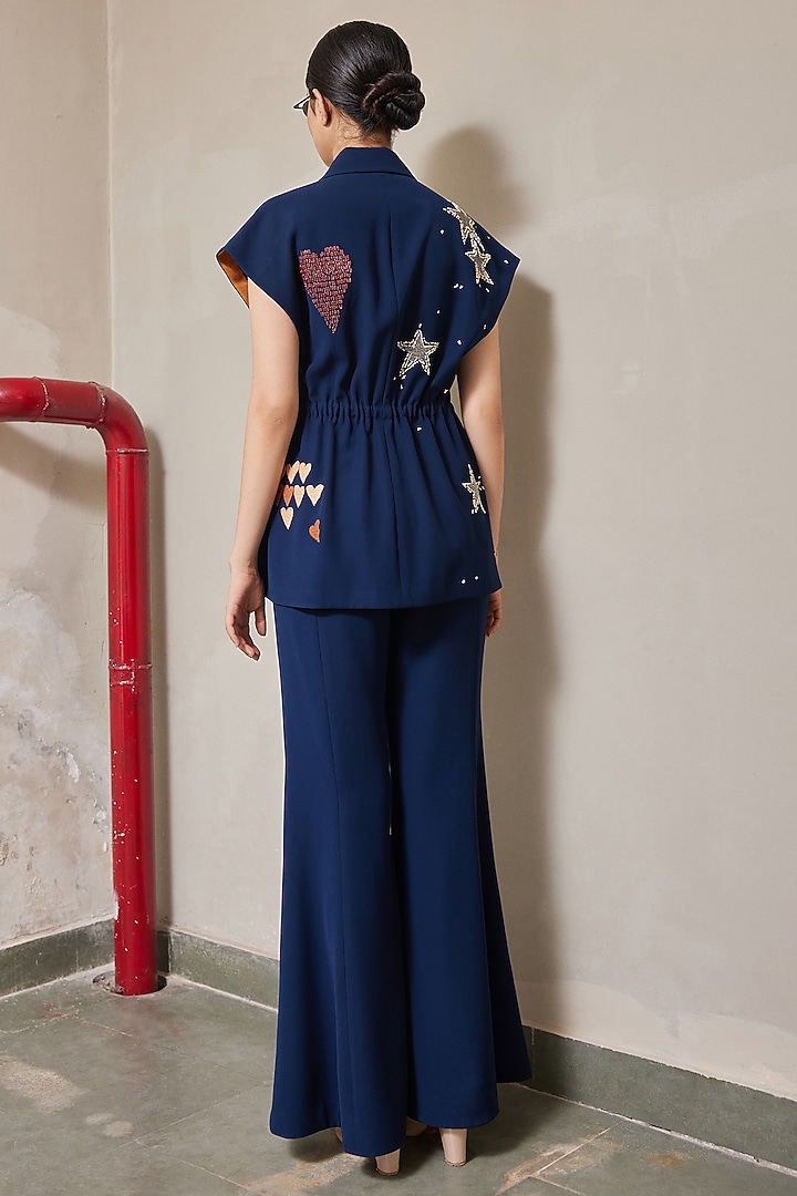 Navy Blue Japanese Crepe Bell-Bottom Pants by Shahin Mannan at Pernia's Pop Up Shop