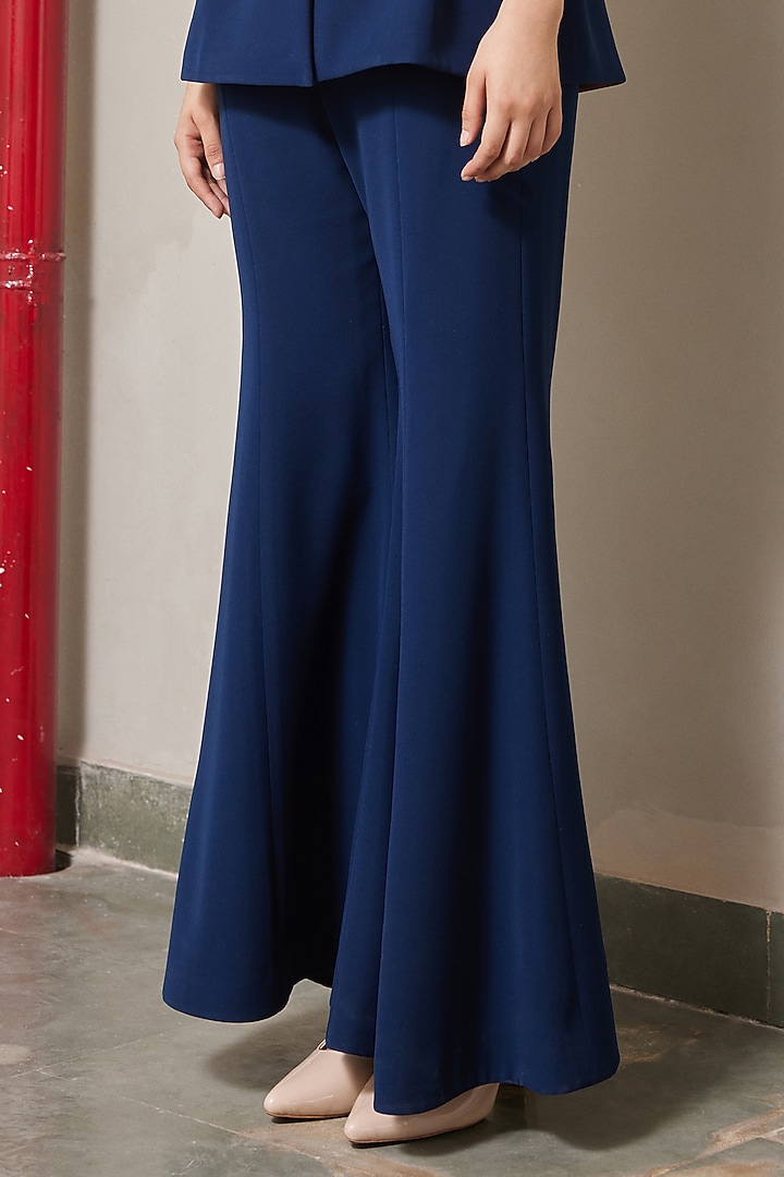 Navy Blue Japanese Crepe Bell-Bottom Pants by Shahin Mannan at Pernia's Pop Up Shop